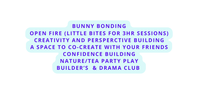 Bunny Bonding Open fire little bites for 3hr sessions Creativity and persperctive building a space to co create with your friends confidence building Nature tea party play builder s drama club